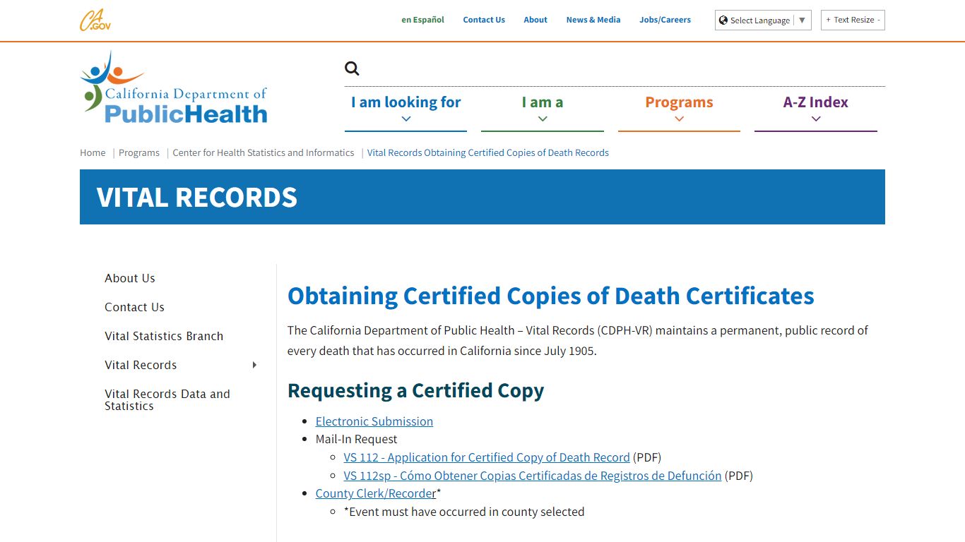 Vital Records Obtaining Certified Copies of Death Records